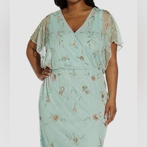 Adrianna Papell Light Blue Embroidered Beaded Floral Midi Dress, size 20W